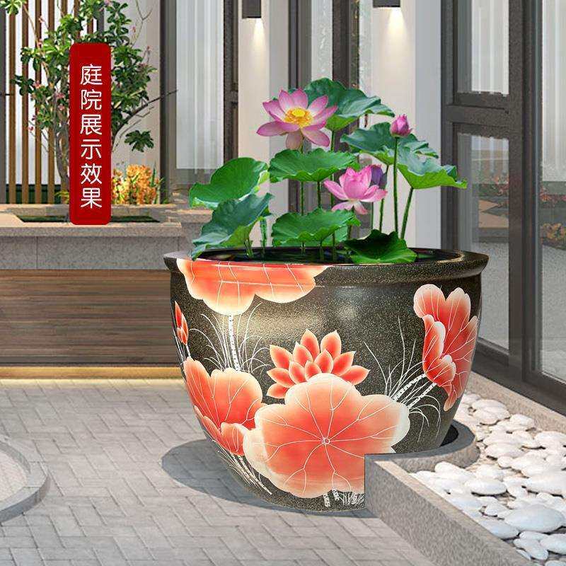 睡莲盆客厅风水金鱼缸 景德镇陶瓷鱼缸大号养鱼盆荷花缸 庭院摆件