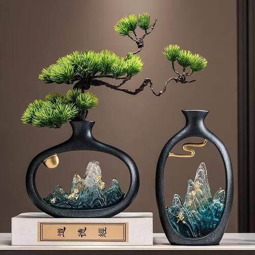 中式山水花瓶摆件客厅桌面装饰品松树松驰风极简工艺品