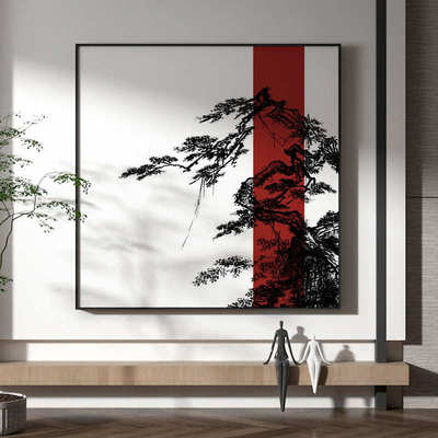 新中式轻奢客厅酒店入户玄关装饰画水墨苍松背景墙壁古典方型挂画