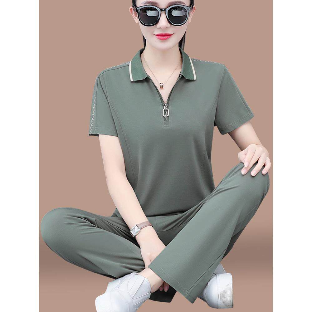 冰丝运动服套装女士夏季薄款2025新款宽松显瘦休闲翻领短袖两件套