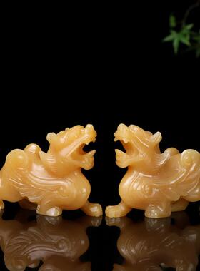 天然黄玉石貔貅摆件一对大号纯手工雕刻客厅玄关办公室家居装饰品