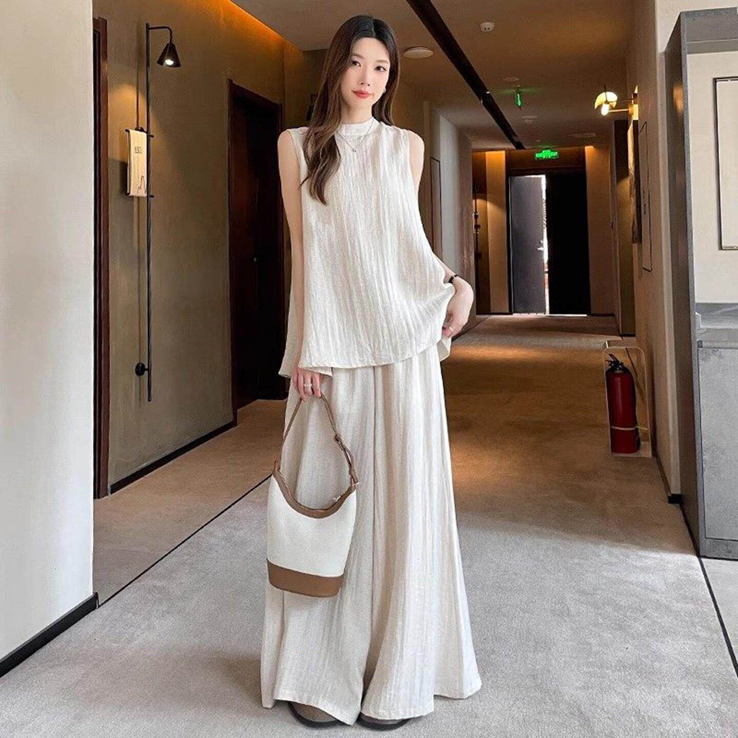 LILY MOST亚麻休闲时尚宽松套装女夏无袖背心阔腿裤遮肚两件套潮