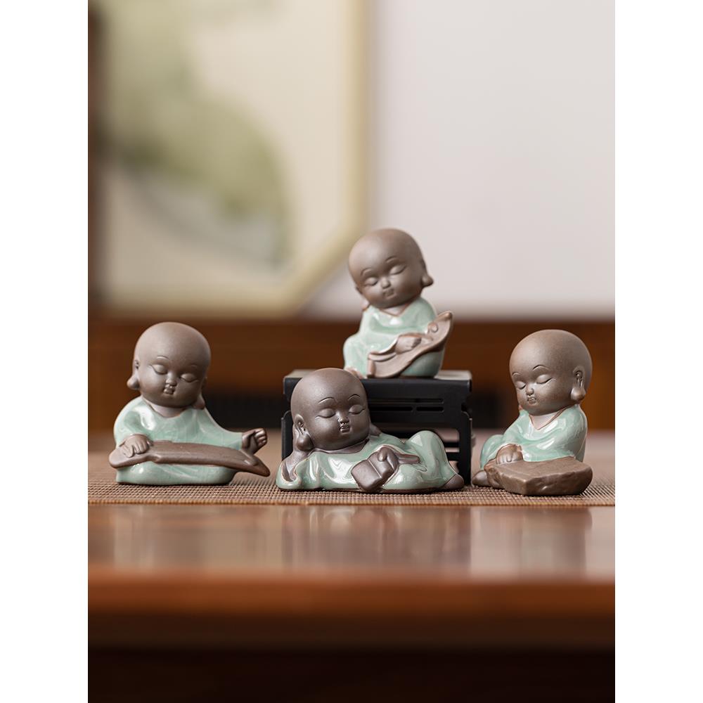 创意哥窑和尚茶宠摆件可爱冥想小沙弥精品可养客厅茶桌装饰