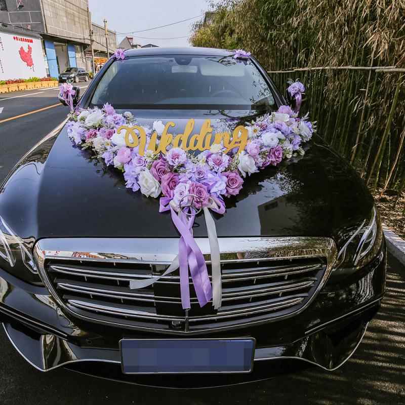 紫婚装饰套车装结厂家直供婚礼车头花色大车V形新款婚布置森系仿