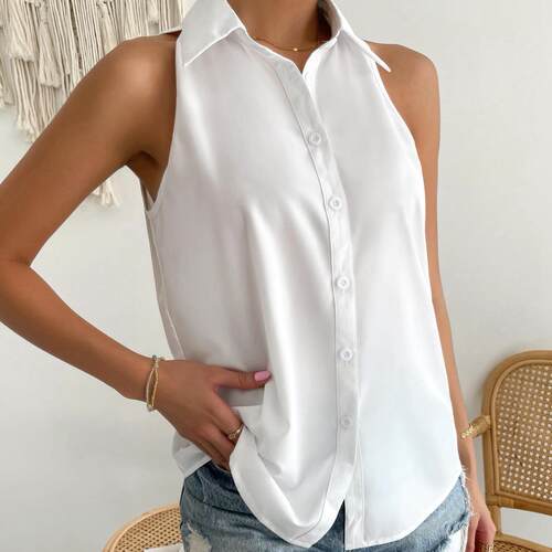 Women's button up shirt sleeveless shirt top