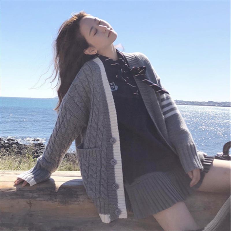好货tb针织开衫女秋冬韩版宽松小个子学院慵懒风短款撞色麻花毛衣
