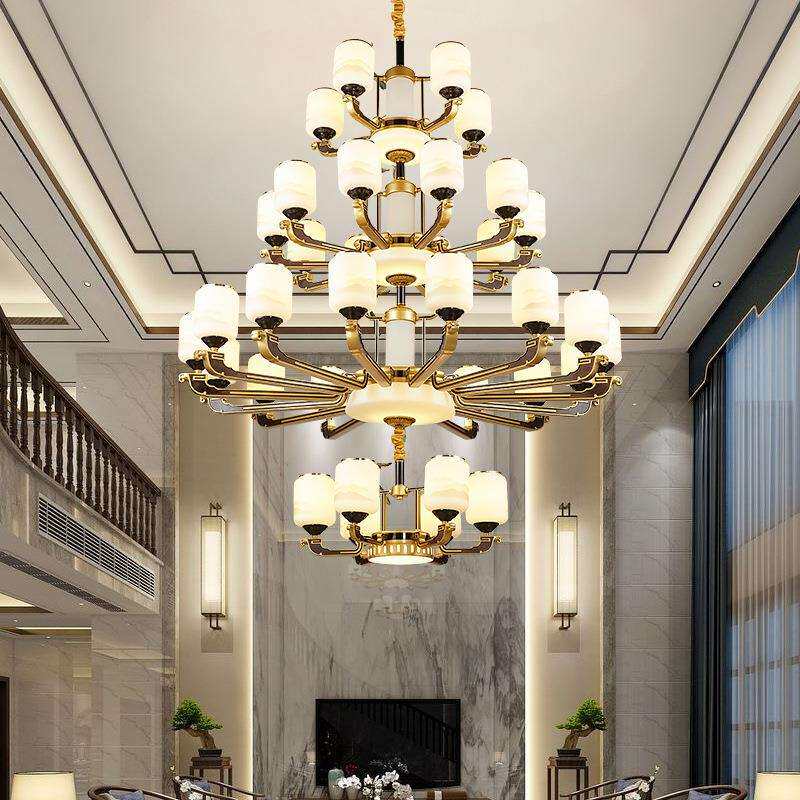 华鸿新中式复式楼别墅客厅餐厅大吊灯楼中楼挑空跃层大厅楼梯灯具