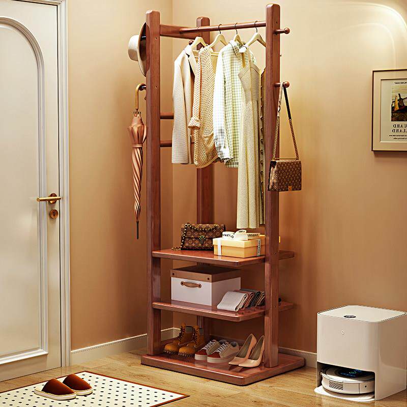 实木衣帽架落地挂衣架进门小户型省空间多层置物架卧室衣服收纳层