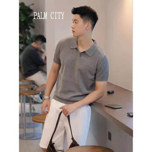 palm city老钱风冰丝针织POLO衫男士夏季薄款镂空短袖重磅半袖T恤