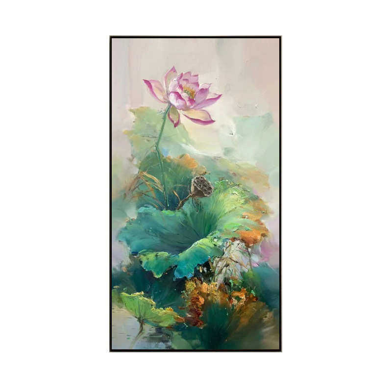 纯手绘荷花油画新中式入户玄关走廊尽头莲花壁画手工绘制花卉挂画