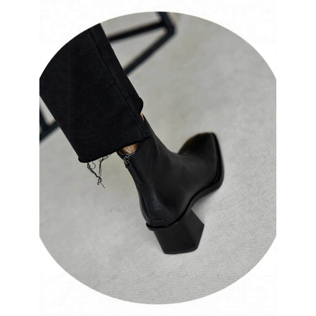 潮牌真皮马丁靴女2025秋冬新款方头后拉炼时尚短靴黑色高跟及踝靴