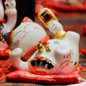 3寸迷你招财猫摆件 工艺品桌面躺猫陶瓷小摆件创意送礼陶瓷招财猫