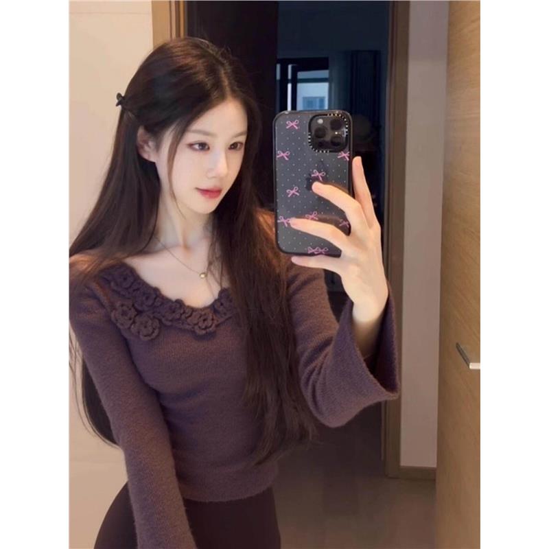 SPYB韩系氛围感酱紫色花朵长袖针织衫女2026春秋新款减龄显瘦上衣
