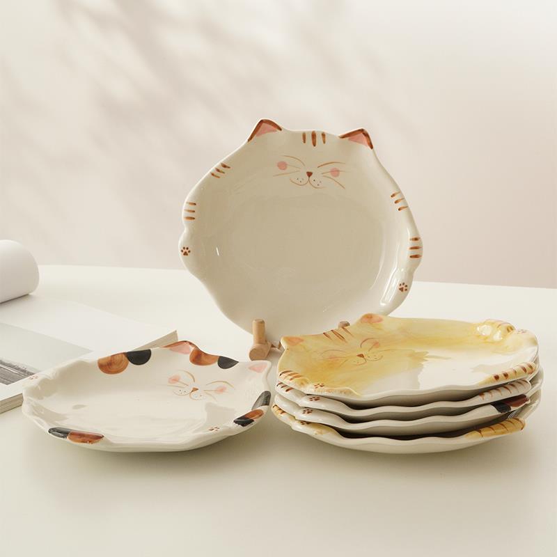 V45O白屿 日系小猫盘手绘釉下彩家用盘菜盘甜品盘猫咪盘子和风陶