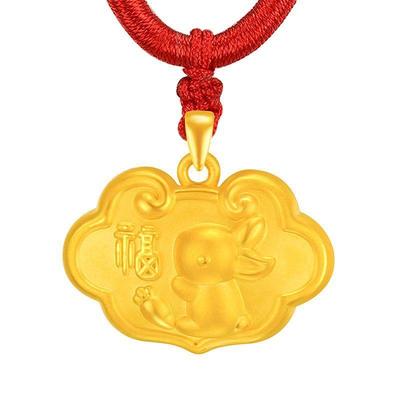 古法儿童兔子宝宝锁吊坠黄金色新中式平安锁BB婴儿周岁礼编绳项链