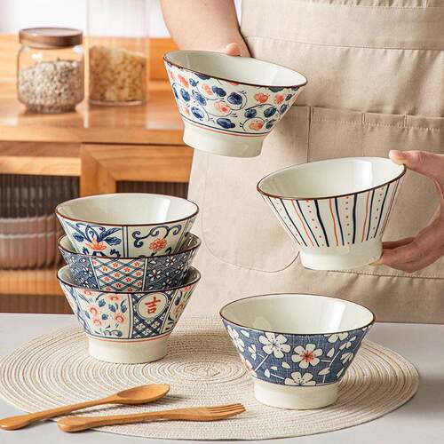 复古5英寸斗碗 脚防烫小碗饭碗日式家用花卉釉下彩陶瓷欧式餐具