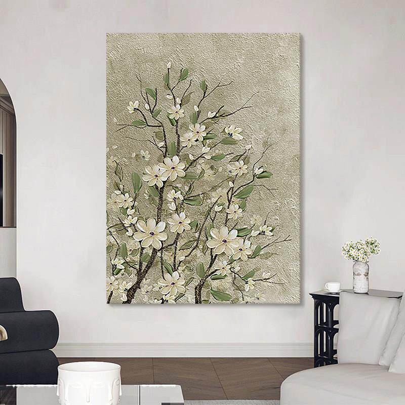 大芬村奶油风纯手绘油画客厅玄关栀子花装饰画肌理感壁画花卉挂画
