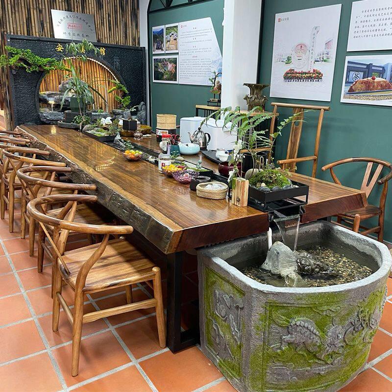 新中式流水实木茶桌养鱼会客接待办公室功夫茶台办公桌茶桌椅组合