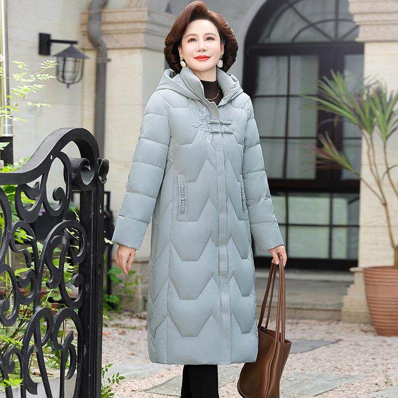 过官正品羽绒棉服老年女冬装新中款修身57-417中老年膝方加厚外套