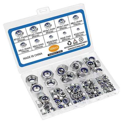 125pcs跨境货源盒装螺母套装不锈钢蓝尼防松螺母六角锁紧螺母套装