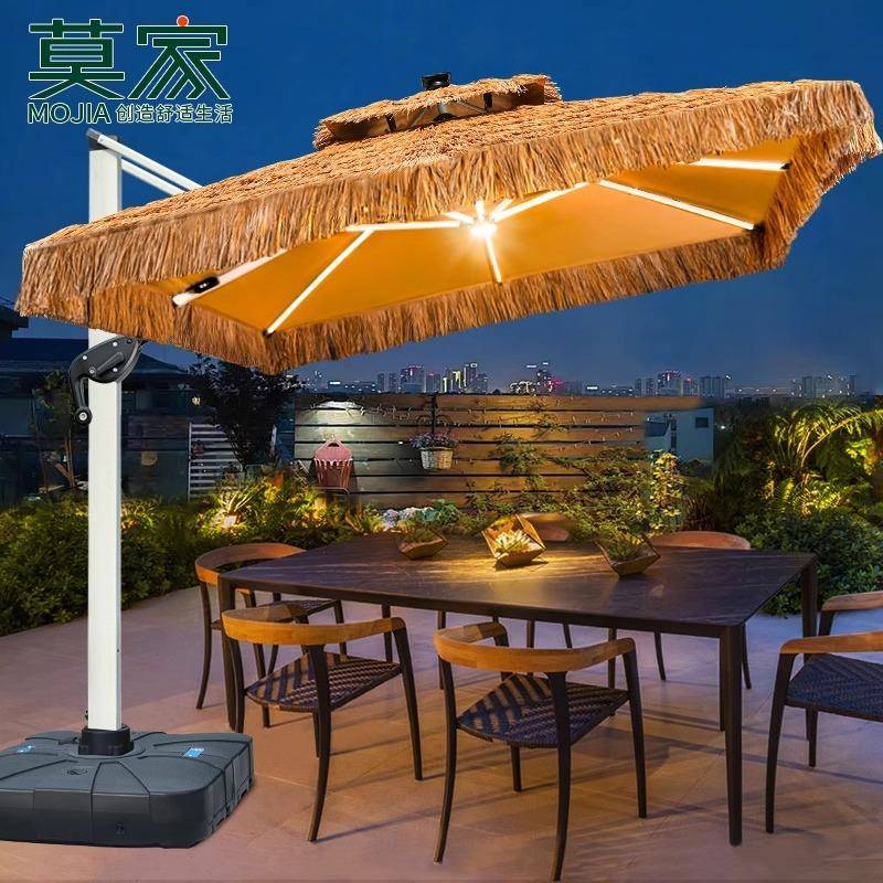 莫 家户外太阳能遮阳伞庭院花园大型LED灯日夜两用室外摆摊罗马伞
