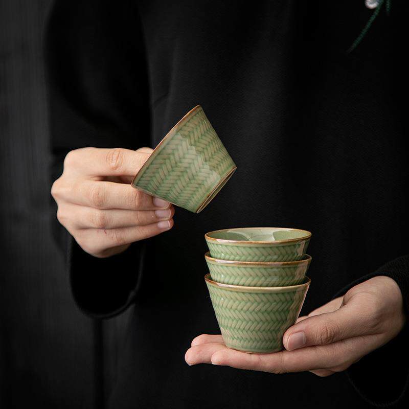 复古青瓷主人杯陶瓷茶杯品茗杯创意竹编纹功夫茶具单杯喝茶杯