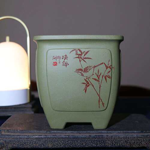 高档精品中号纯正原矿绿泥刻绘高四方奎面兰花盆春兰紫砂花盆苏玲
