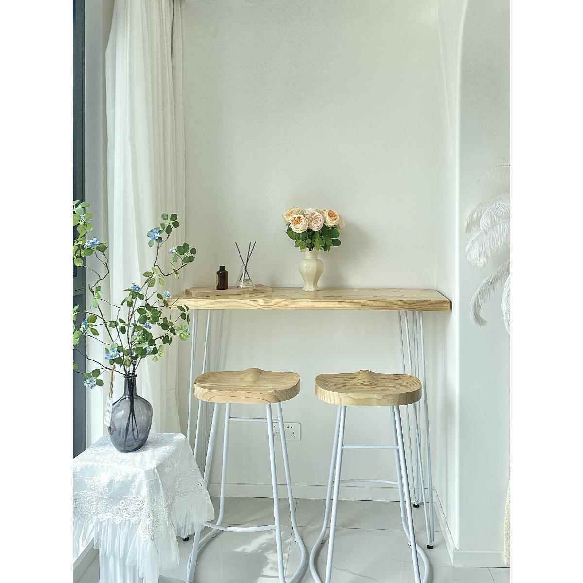 需定制苍崎奶油原木风吧台桌家用阳台靠墙窄长条桌组合实木吧台高