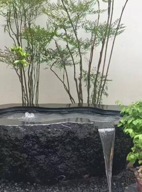 石雕黑山石水钵庭院水池水景户外流水园林新中式石盆异形涌泉摆件