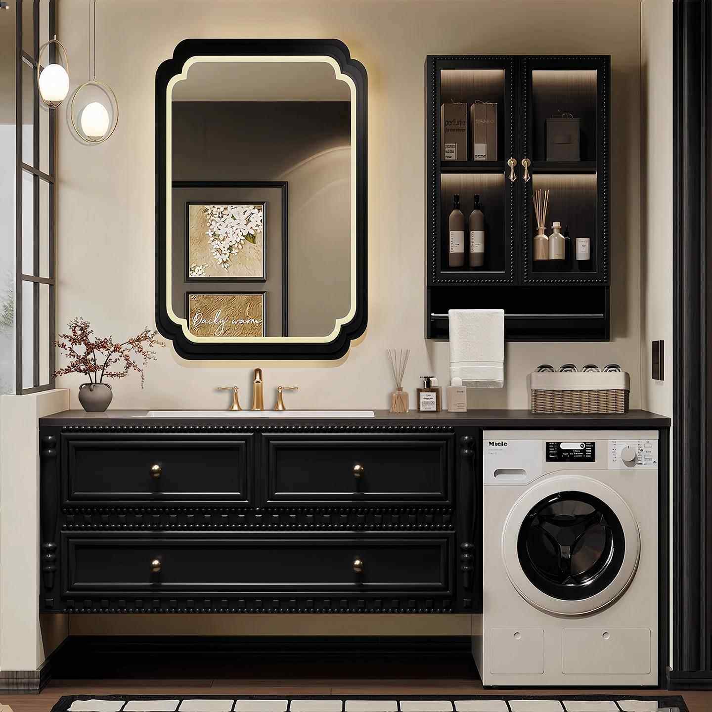 法式覆古风阳台洗衣机一体柜岩板无缝陶瓷盆浴室柜组合洗手洗脸柜