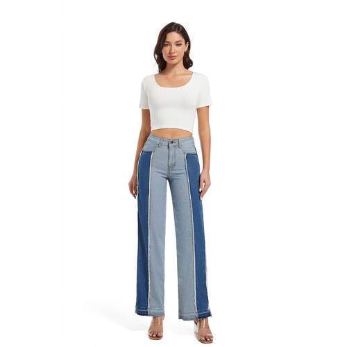 Women's patchwork jeans high waisted straight leg pants