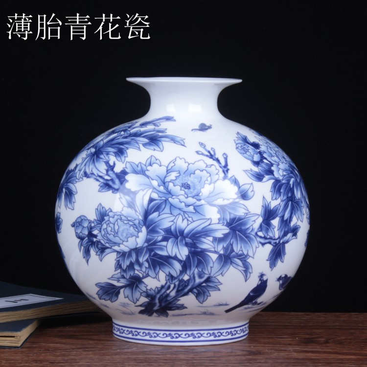 景德镇陶瓷青花台面小花瓶 薄胎骨瓷透光瓷 家居客厅柜台摆件