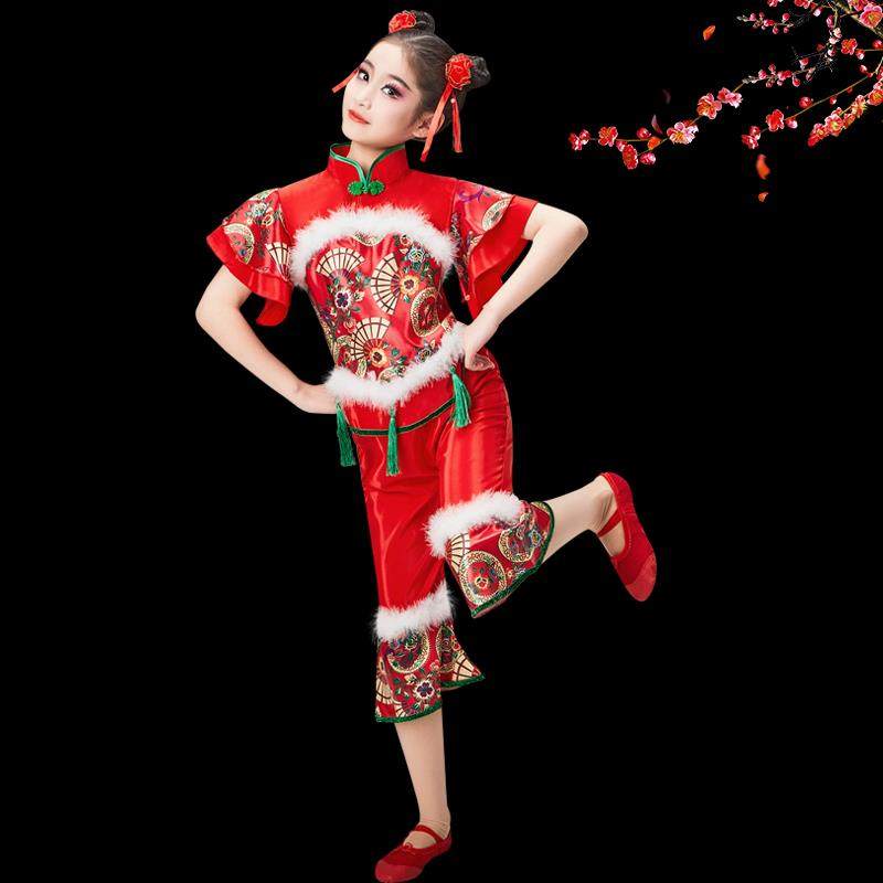 高档六一新款儿童秧歌蹈演出服打男女红色喜灯笼舞鼓服开门红扇庆