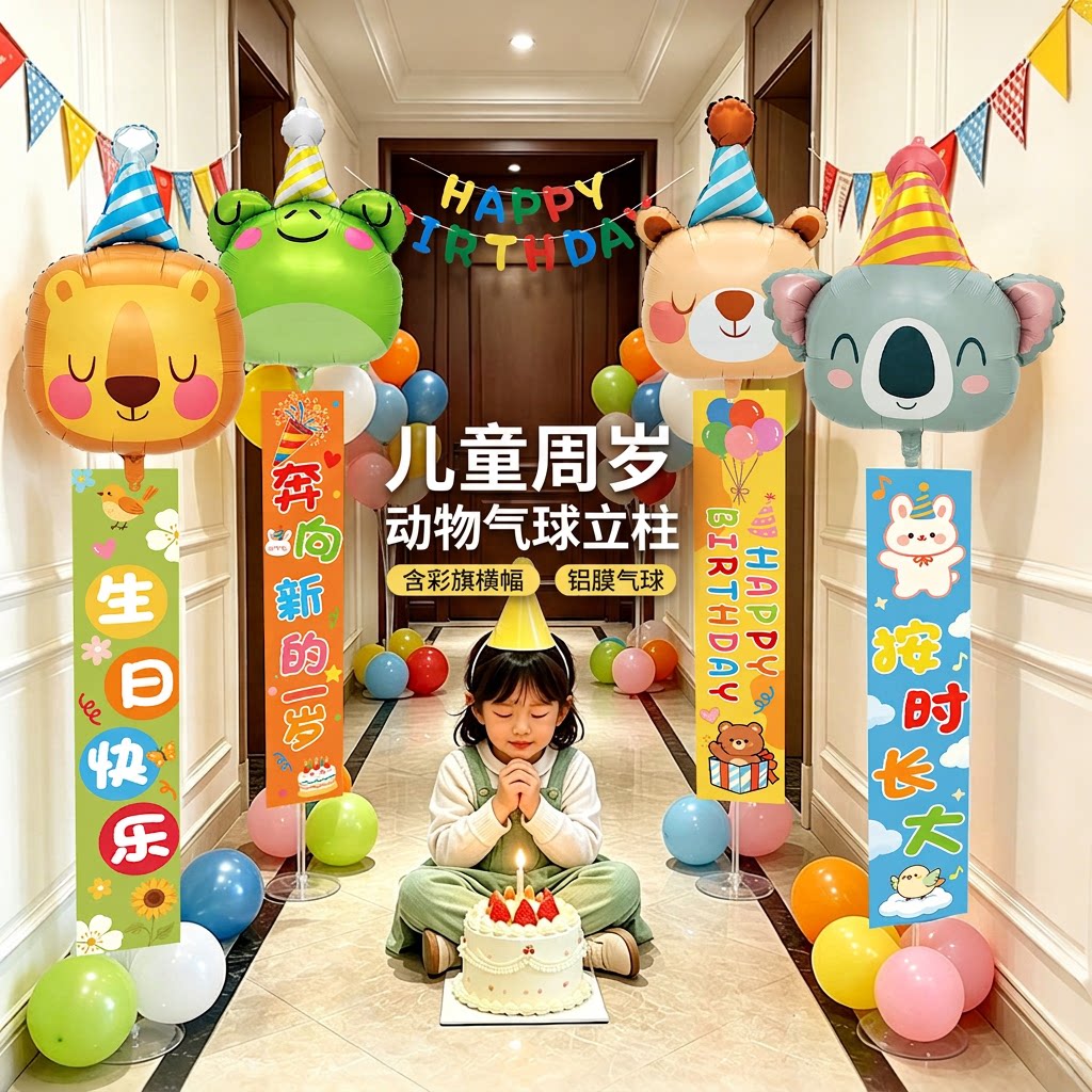 生日快乐布置动物气球立柱儿童周岁惊喜派对氛围感场景装饰道具