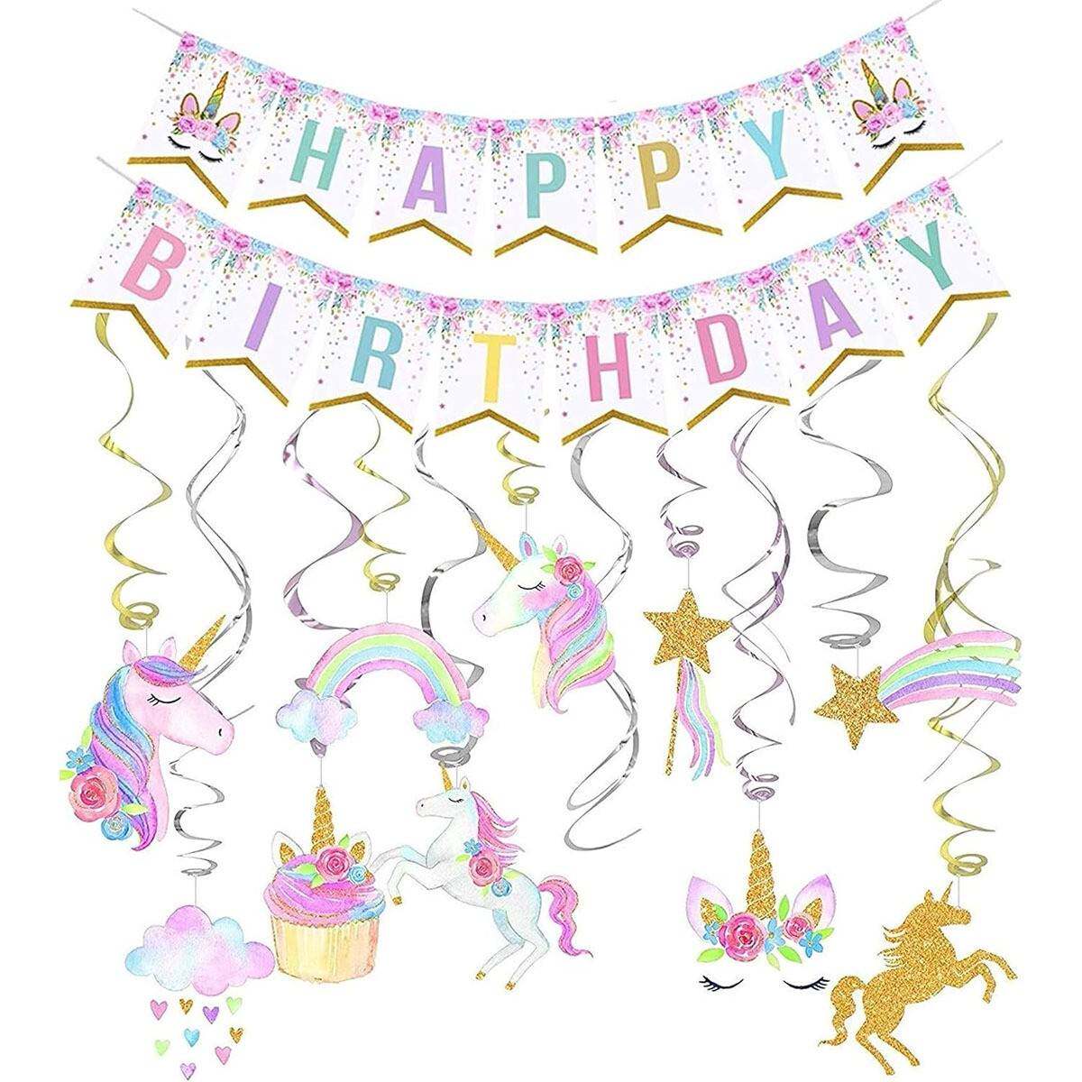 新款独角兽主题派对装饰 儿童生日拉旗螺旋吊饰气球套装