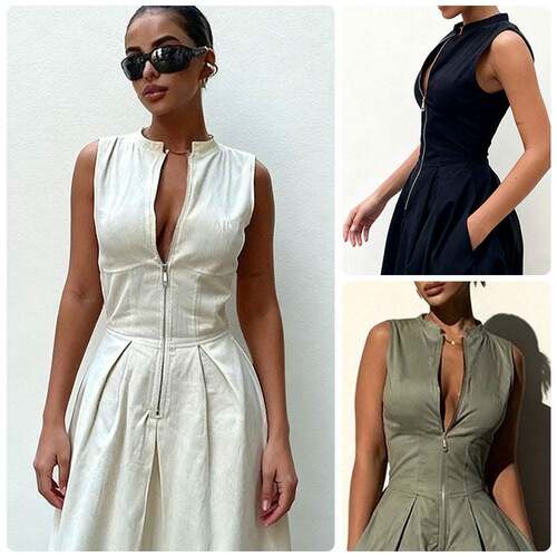 Women's High Waisted Loose Pockets Solid Color Zipper V-Neck