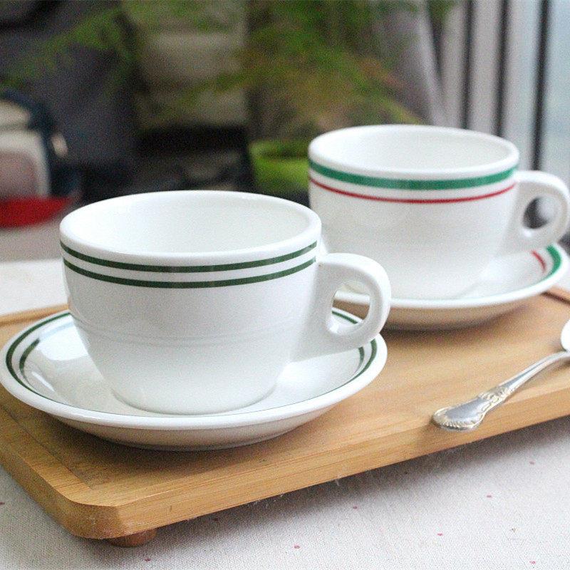 红线双线咖啡杯连碟陶瓷杯港式厚奶茶杯带托下午茶杯牛奶杯饭厅