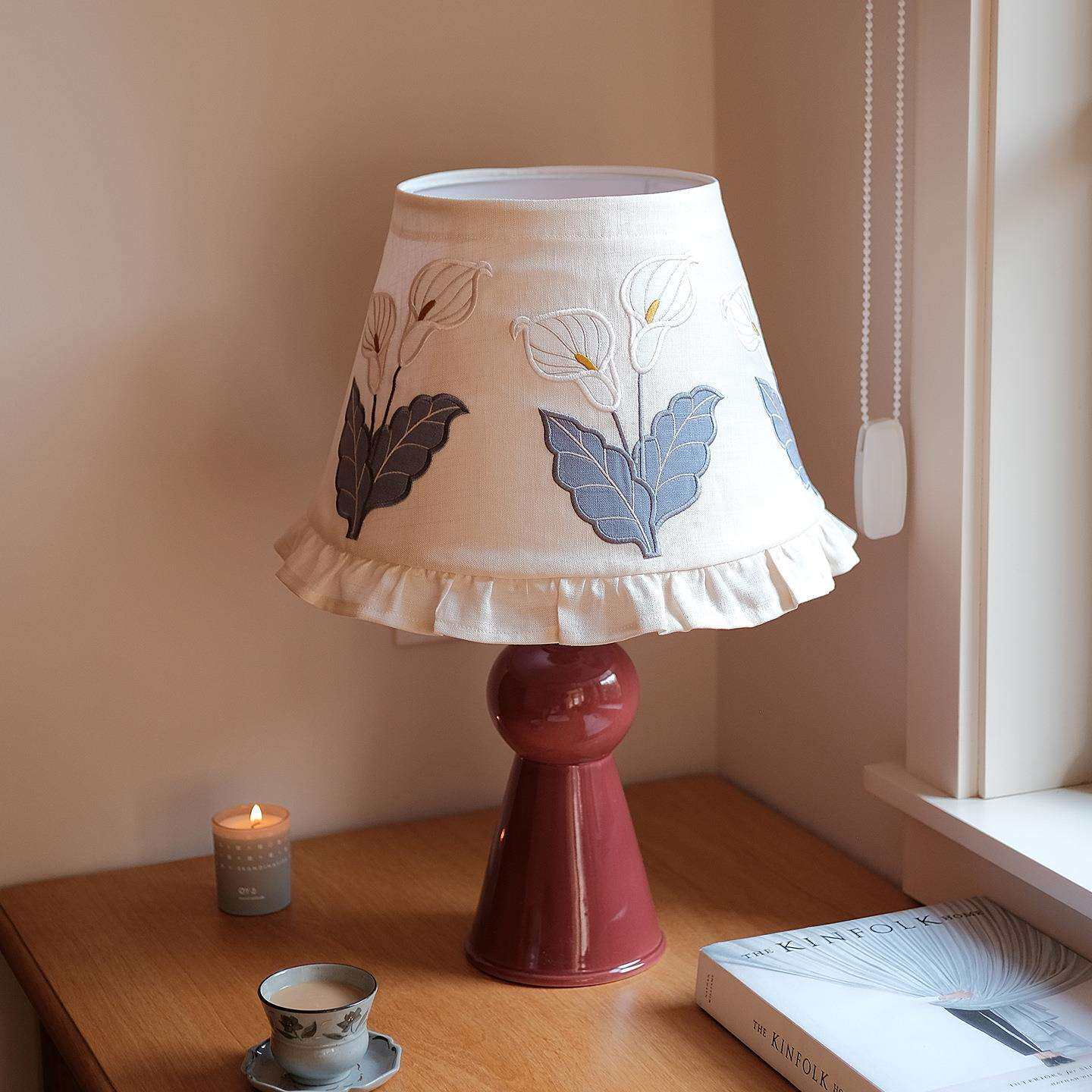 马蹄莲绣花台灯罩法式复古美式田园花边书房卧室台灯