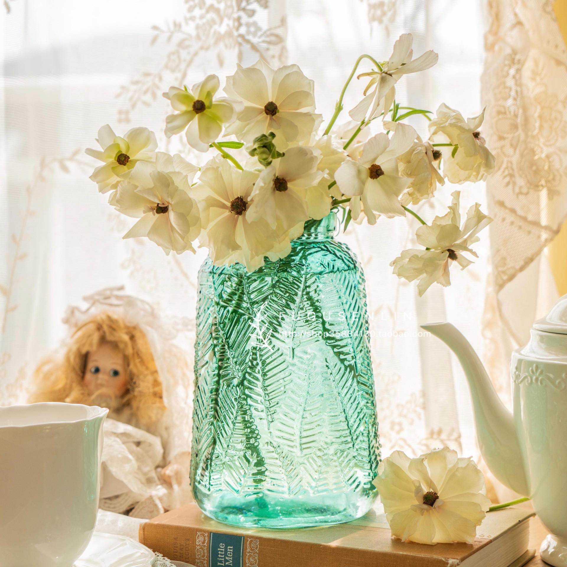 北欧简约浮雕花纹大口径玻璃水培干鲜花束居家花瓶水养百合花瓶,家居饰品,花瓶,淘宝优惠券,粉丝福利购,淘宝优惠卷