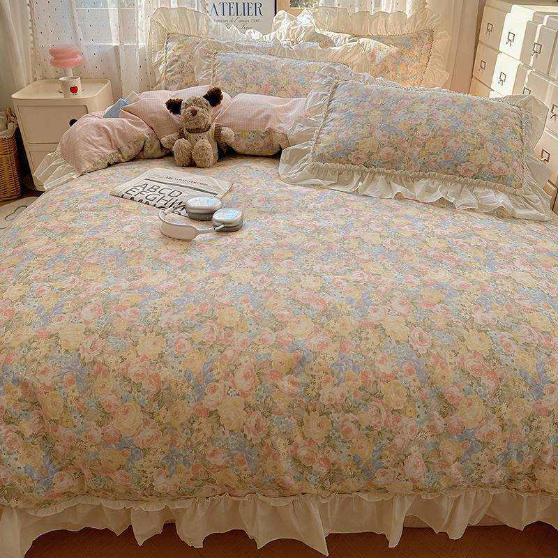 a类母婴级法式碎花全棉亲肤四件套床上被套宿舍韩版花边三件套