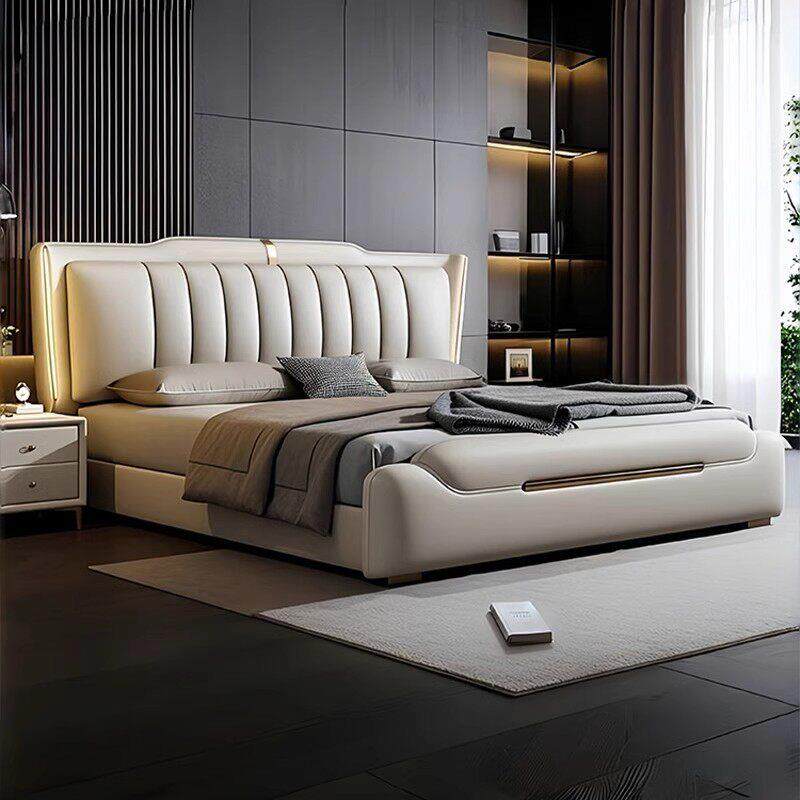 意式轻奢真皮床现代简约主卧大床高端大气1米8双人床软包储物婚床