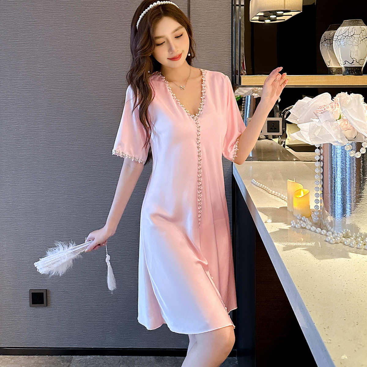新款春夏冰丝睡衣女性感宽松舒适凉感透气丝绸睡裙清新显瘦家居服