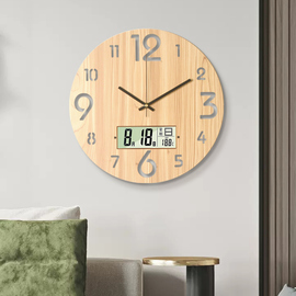 北欧客厅静音大挂钟万年历(万年历)温度时钟，简约现代创意木纹木质石英钟表