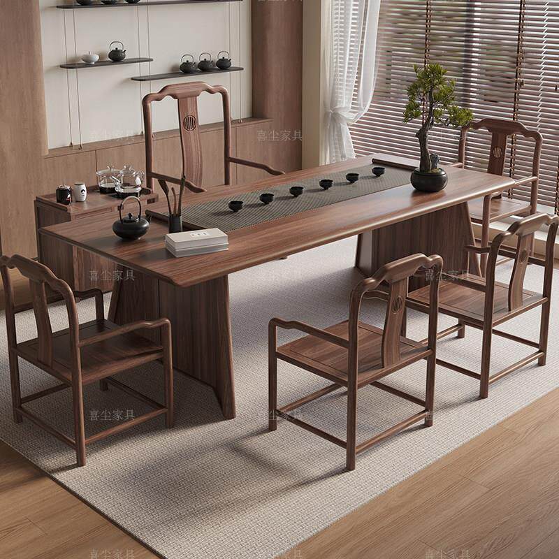 新中式实木大板茶桌椅组合家用乌金木茶几办公室一桌五椅干泡茶台