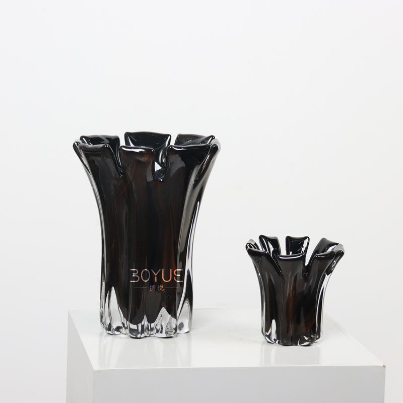 轻奢现代色金箔花瓣黑口琉璃花瓶间样板家居桌面件花艺软bys338装