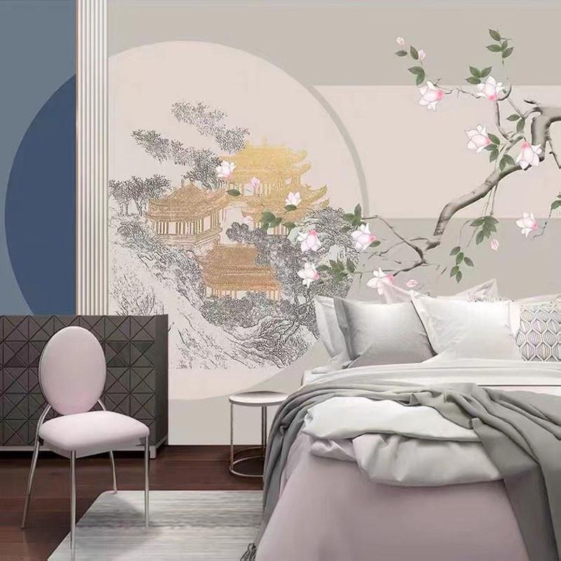 中式手绘银杏叶花鸟亭台楼阁壁画电视背景墙壁纸客厅书房茶室墙纸