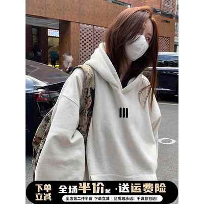 加绒连帽卫衣女秋冬加厚2025新款爆款白灰色宽松长袖春秋薄款上衣