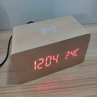 无线手机充电木头钟LED双屏温度显示木质钟 ebay电子钟