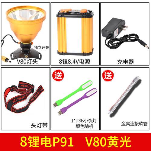 高档LED头灯锂超电P90强光充电亮远射氙鱼灯分体式头戴手电钓筒气