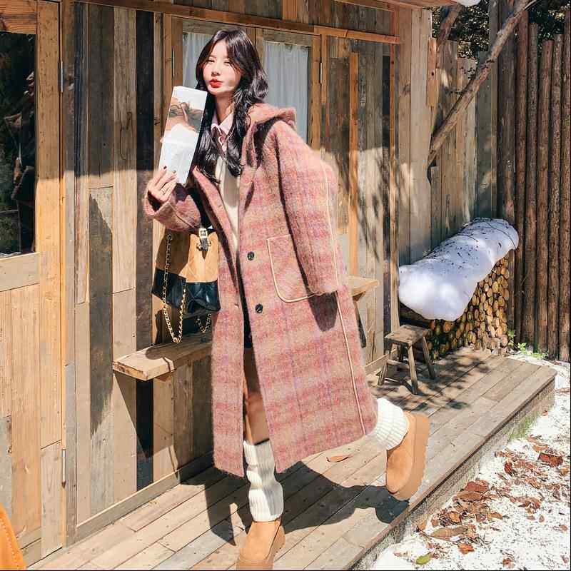 色格纹毛呢大衣女秋冬韩系连减龄帽个子加厚C155-919中长款呢小子